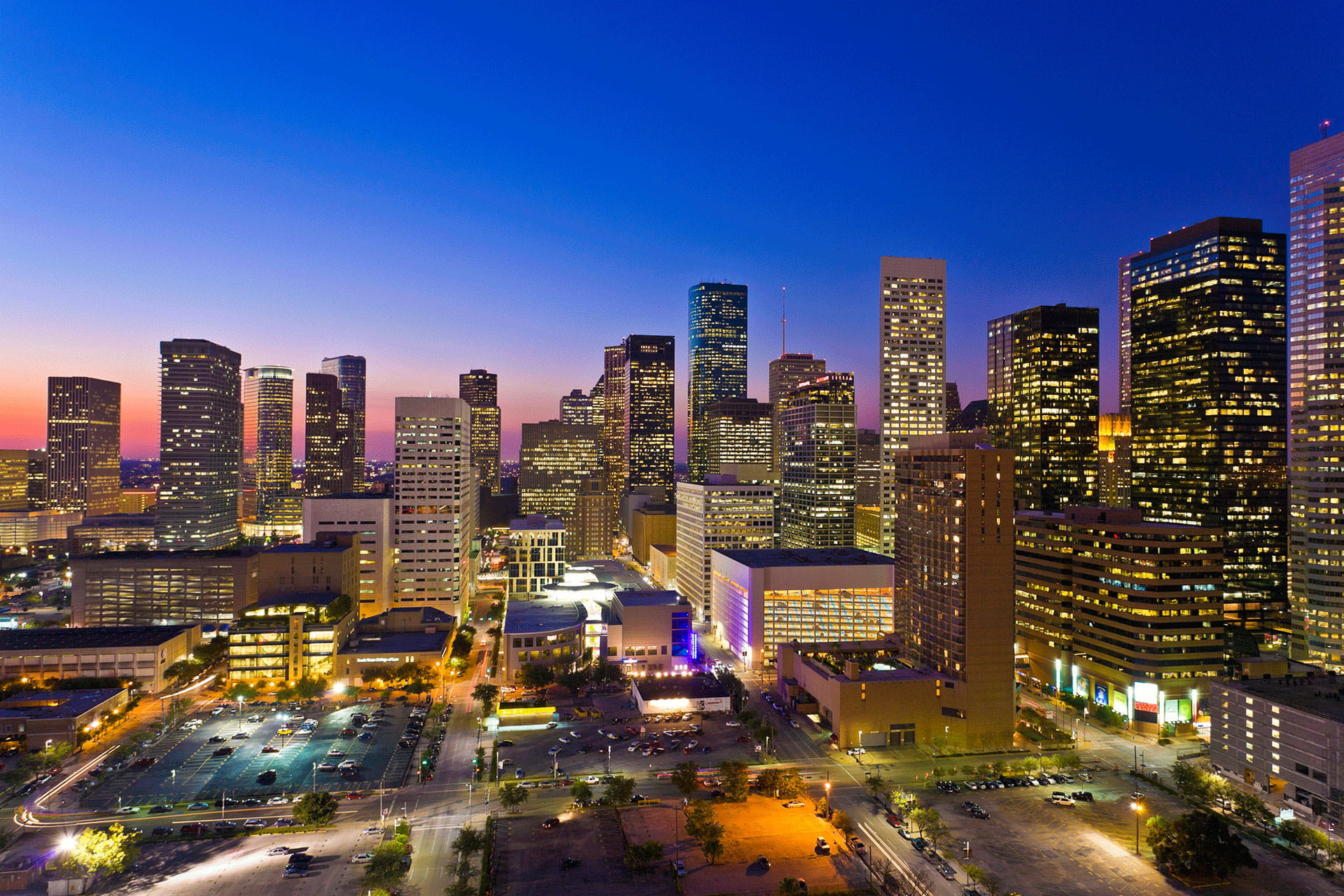 Aerial view of Houston Skyline at Night