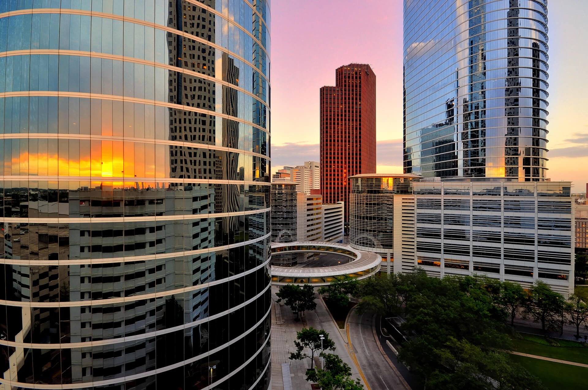 Colorful sunset over Houston skyline