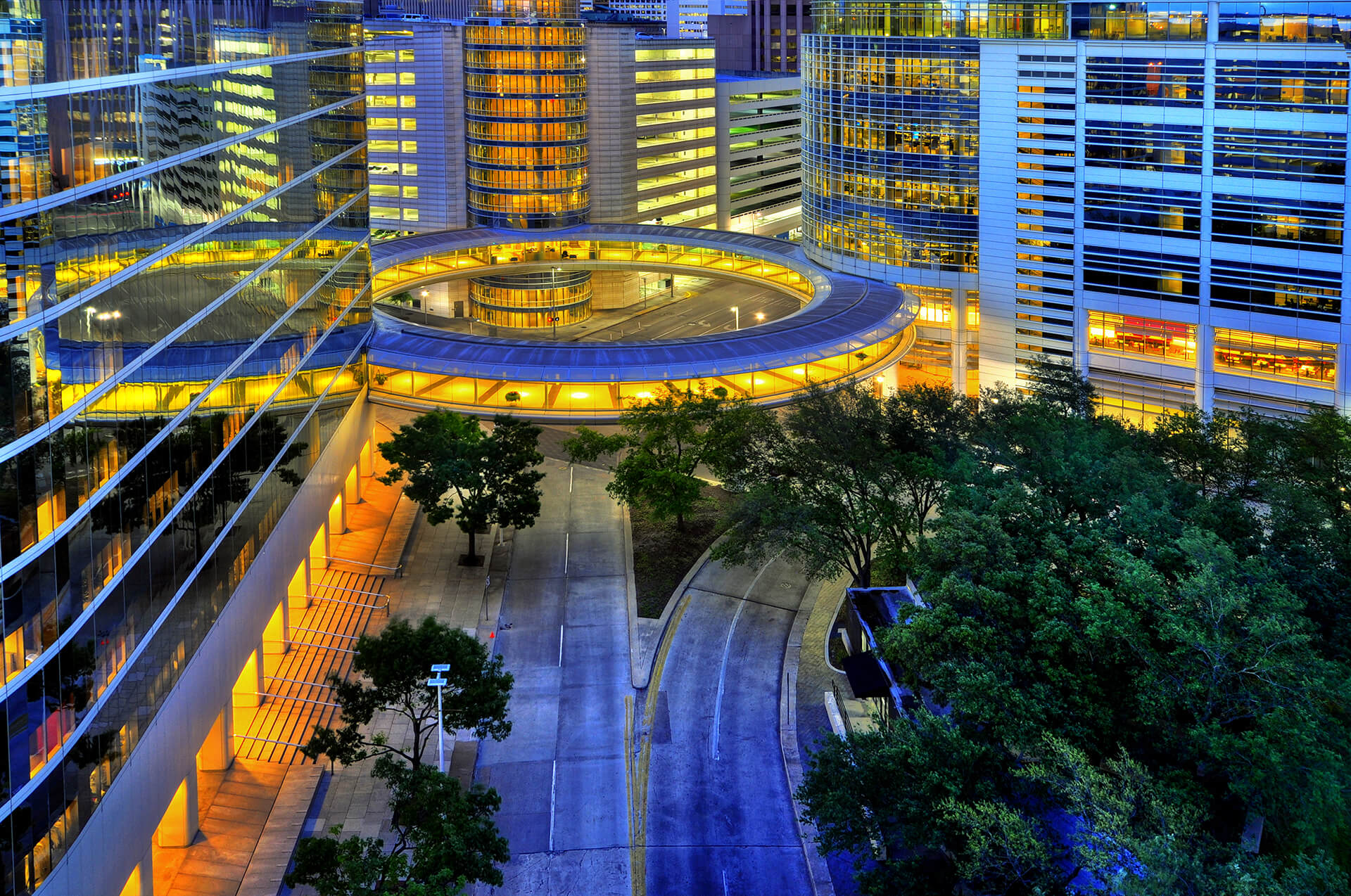 Modern circular architecture, Downtown Houston at night